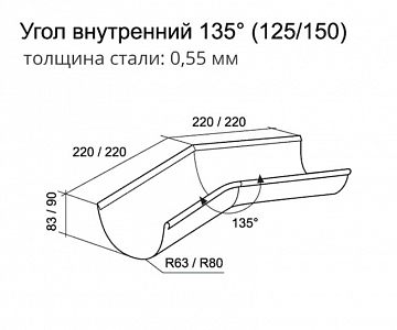 Угол желоба внутренний 135 гр 125 мм (RAL 9005, RAL 9003, RAL 8017, RAL 8004, RAL 7024, RAL 6005, RAL 3011, RAL 3005, RR 29, RR 32, RR 11)