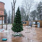 В городских парках уже тоже полным ходом идёт установка ёлочек