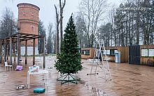 В городских парках уже тоже полным ходом идёт установка ёлочек