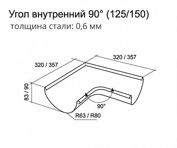 Угол желоба внутренний 90 гр 125 мм (RAL 9005, RAL 9003, RAL 8017, RAL 8004, RAL 7024, RAL 6005, RAL 3011, RAL 3005, RR 29, RR 32, RR 11)