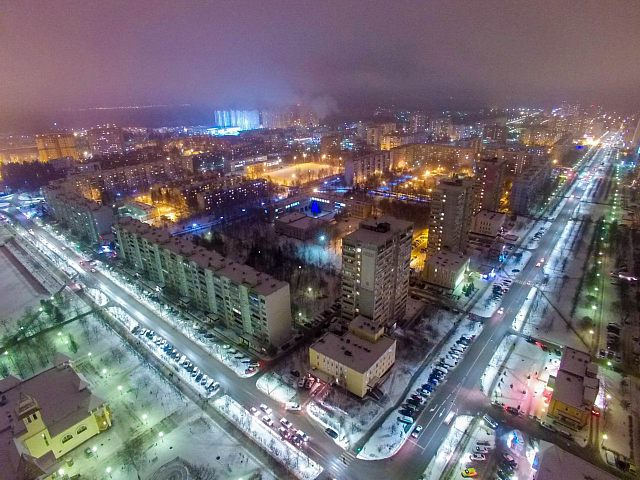 Вечерняя панорама Краснознаменска, вид сверху, вид