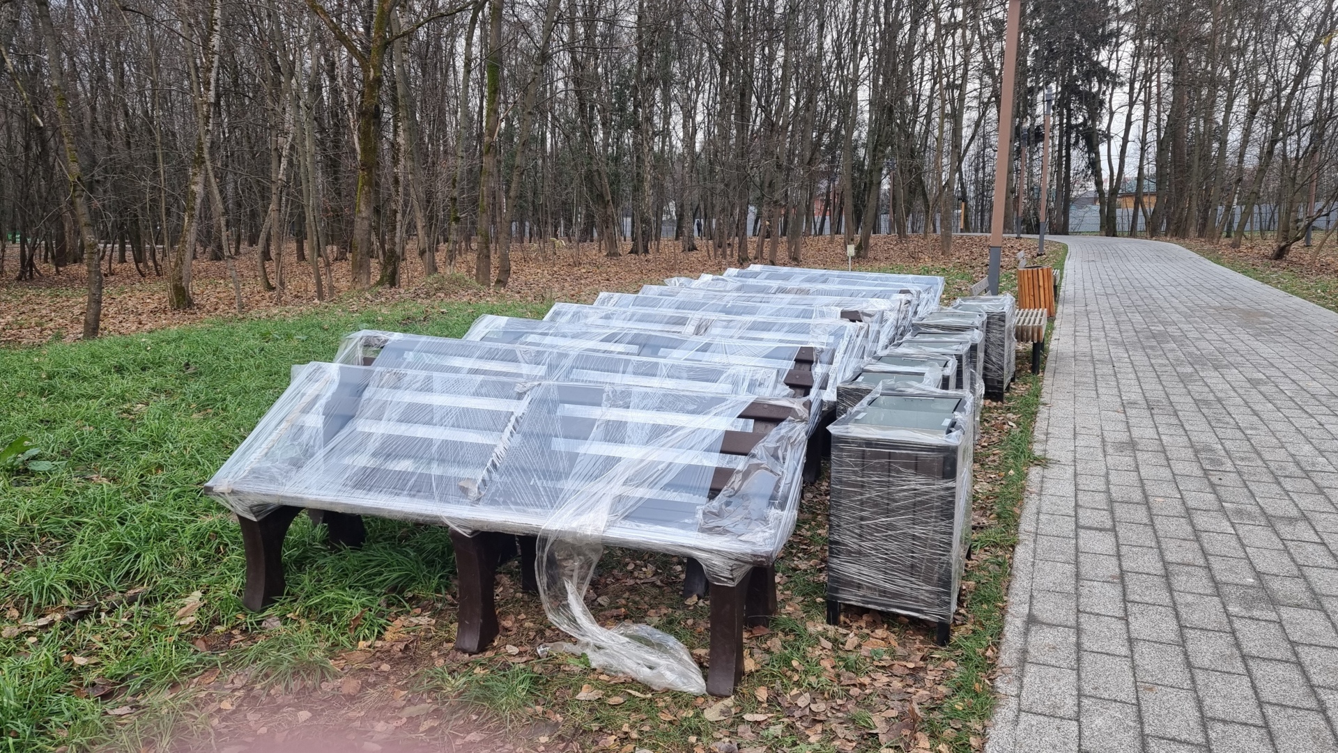 В Беличий парк завезли новые лавочки и урны. Интересно, буду